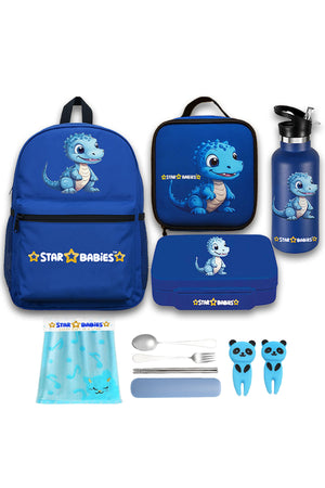 Star Babies Set of 4 – Blue Dino Theme 16" School Bag, 4-Compartment Lunch Box, Insulated Lunch Bag, 500ml Water Bottle