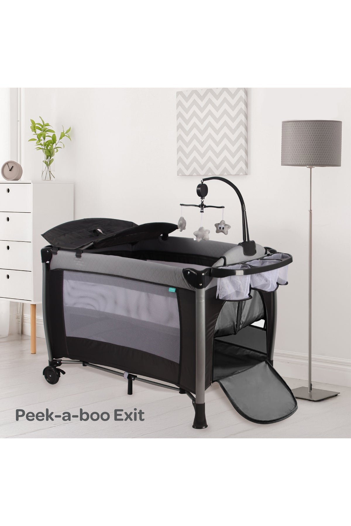 MOON Joypod Playpen with Removable Diaper Changer , Musical Toy & Lockable Wheels-Black