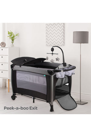 MOON Joypod Playpen with Removable Diaper Changer , Musical Toy & Lockable Wheels-Black