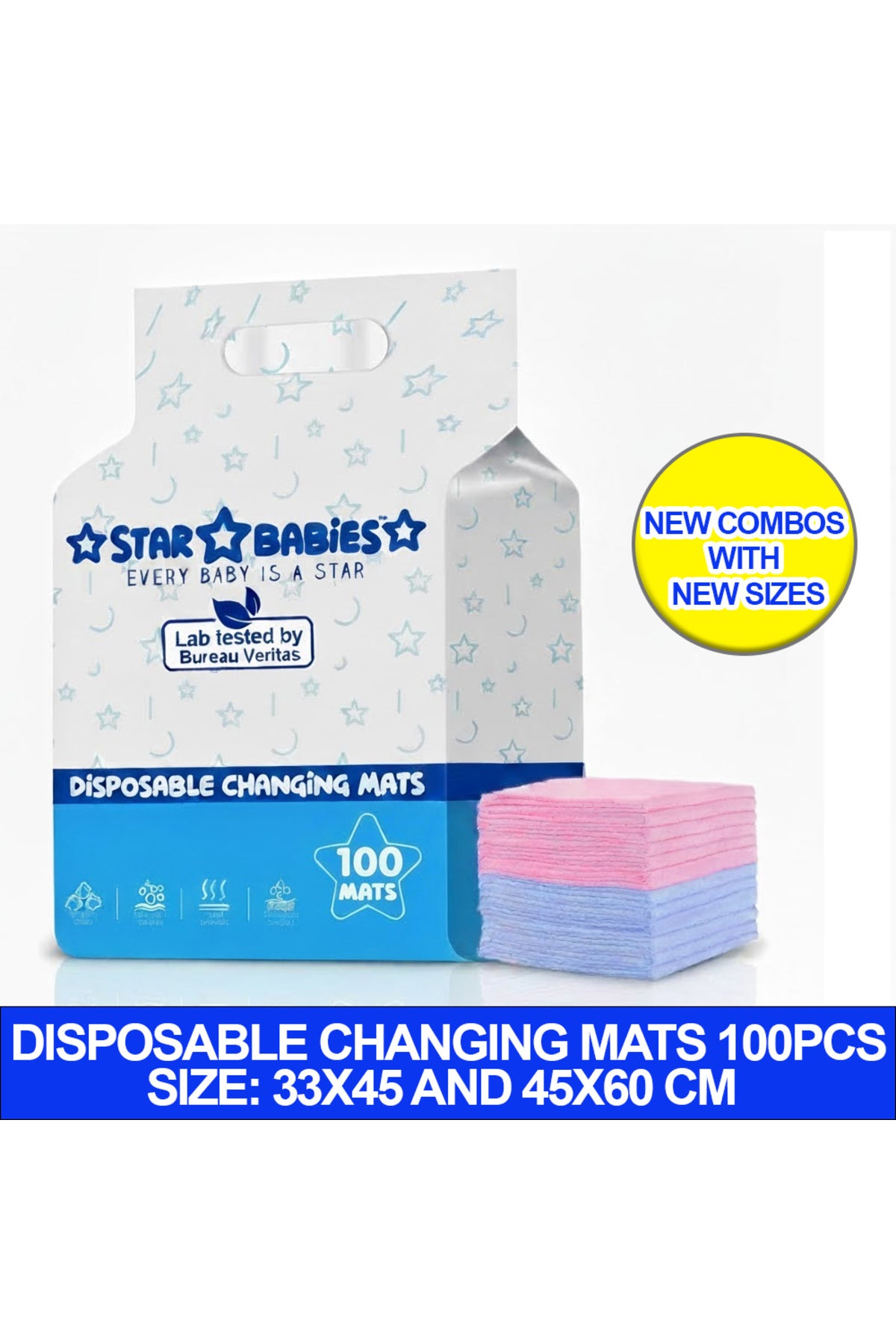 Star Babies -Premium Disposable Changing Mats (Pack of 100) “ 50pcs (33x45cm) & 50pcs (45x60cm) “ Ultra-Absorbent Leak-Proof diaper Underpads for Babies, Toddlers, and Travel “ Blue