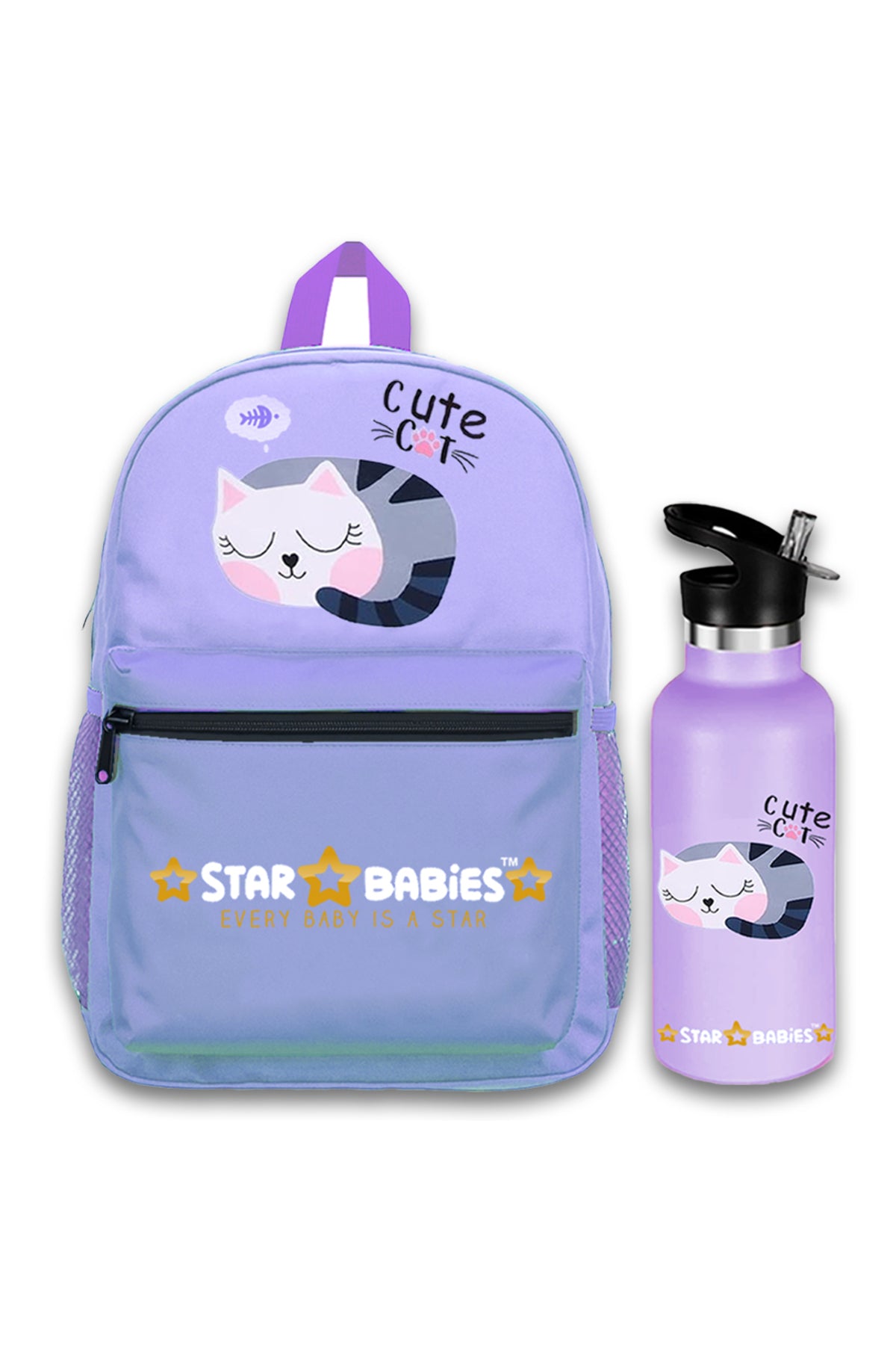 Star Babies - School Backpack & Stainless Steel Water Bottle Set - Cute Cat - 2 Pcs