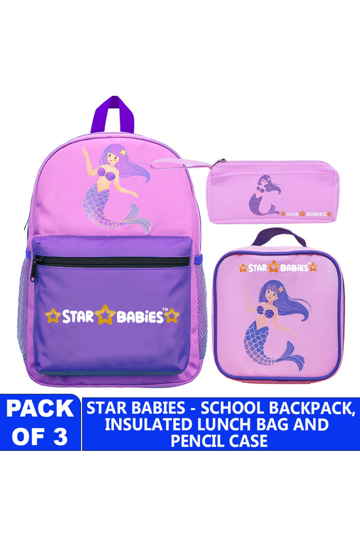 Star Babies 16-Inch Mermaid Themed Children's Backpack with Adjustable Shoulder Strap for Hiking Large with Bento Lunch Bag and Dual Zipper Pencil Case Pack of 3