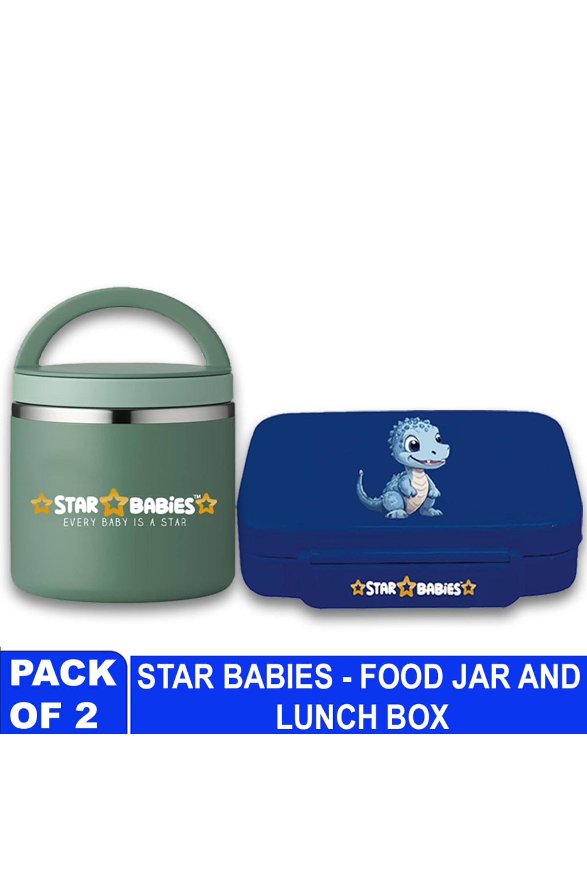 Star Babies - Star Babies Dino Themed Bento Lunch Box with 4 Compartments, BPA Free, Leak-Proof with Stainless Steel Food Jar-500 ml