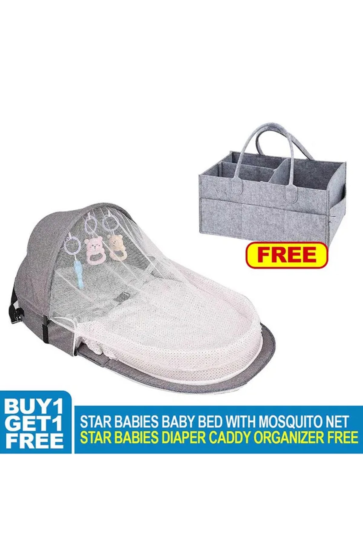Star Babies - Baby Mosquito Bed Grey w/ Caddy Diaper Organizer - Grey