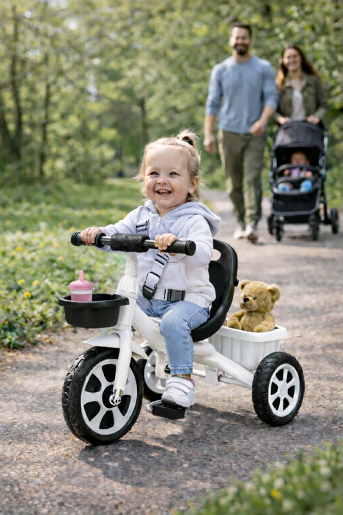 StarMarz Toddler 3-Wheel Tricycle Ride-On Toy with Safety Seat, Cup Holder & Rear Storage Basket - White