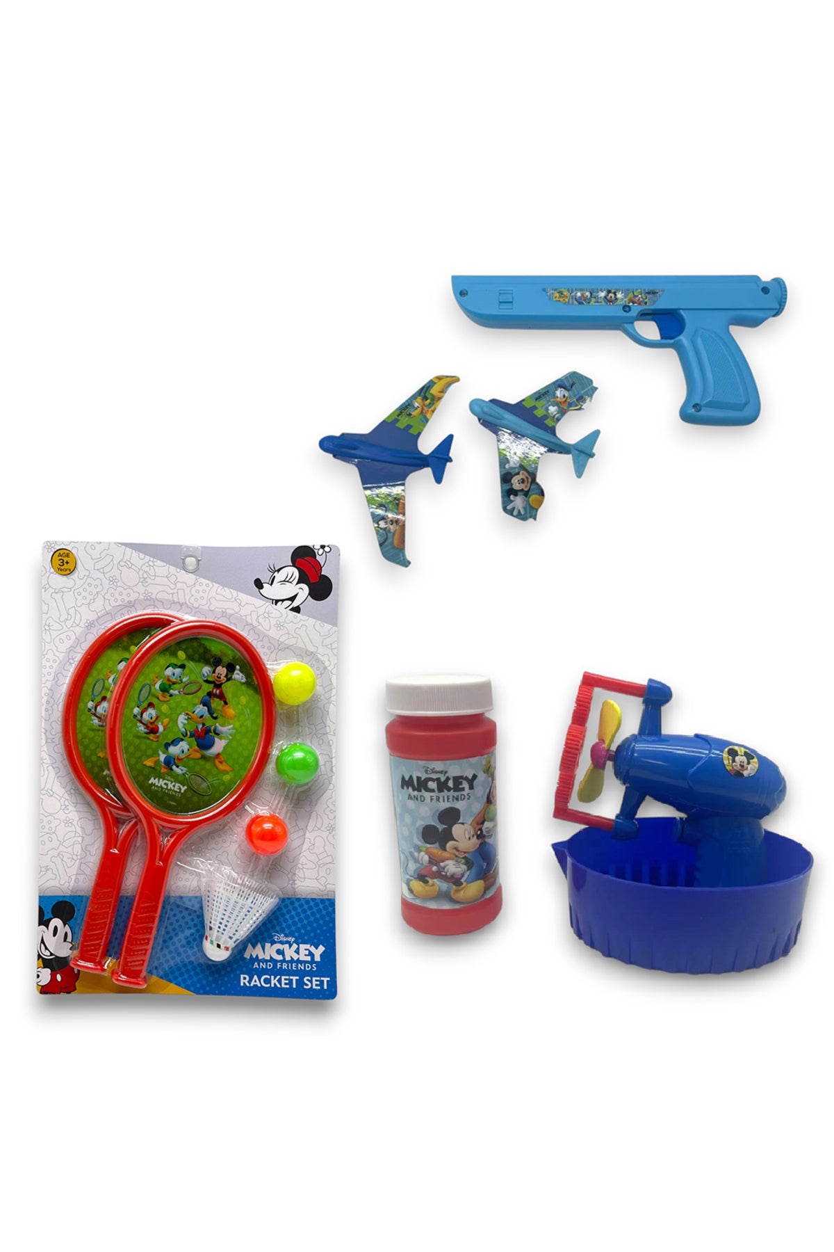 Disney Mickey Mouse Plane Launcher Toy – Blue Plastic Toy Gun with 2 Launching Airplanes – Kids’ Outdoor Action Toy-Blue + Disney Mickey Mouse Bubble Gun Toy + Disney Mickey Mouse Racket Set for Kids