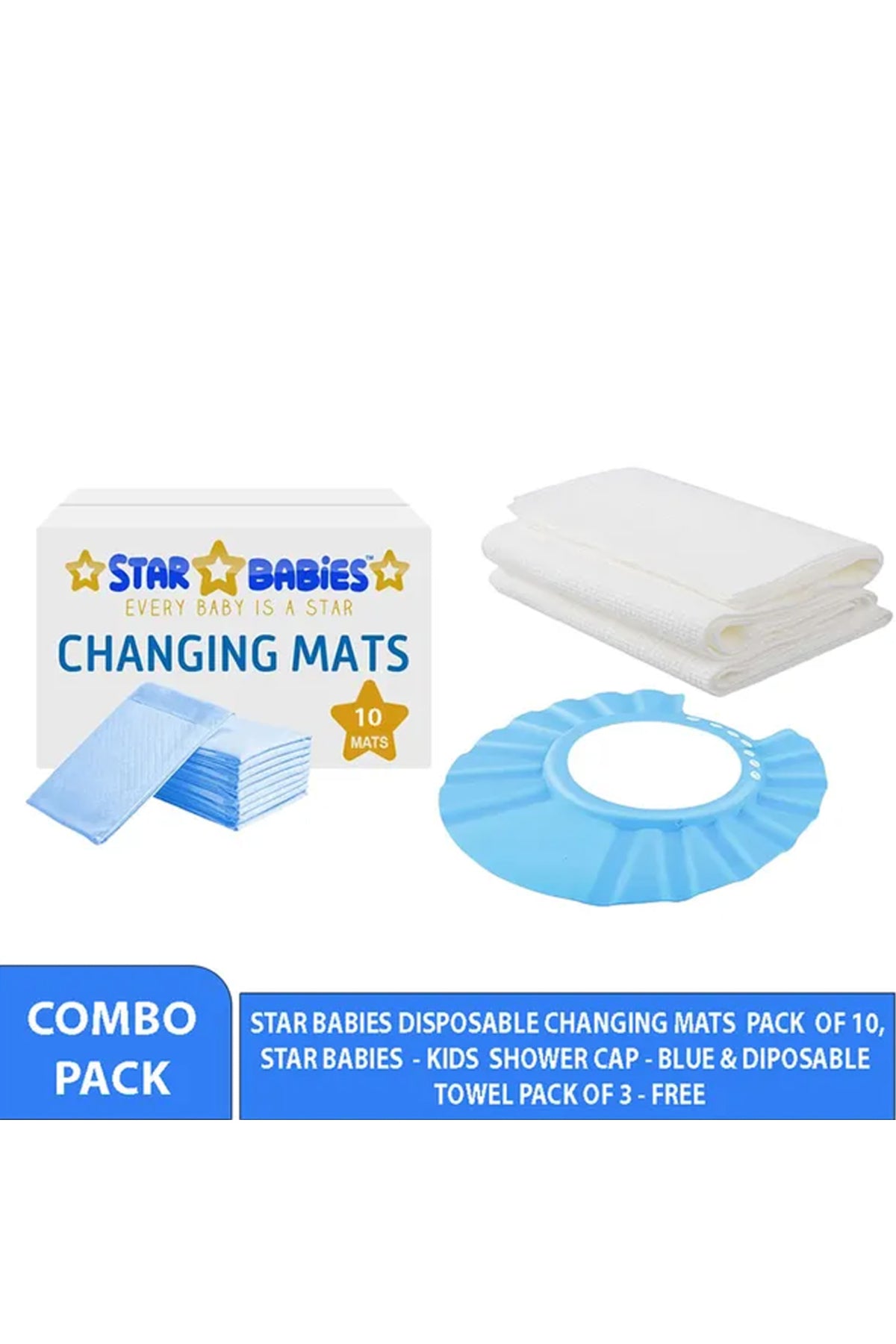 Star Babies - Changing Mat 10pcs & Disposable Towel 3pcs & Shower Cap - Blue