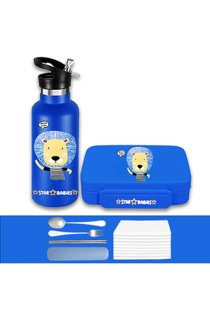 Star Babies - Star Babies Brave Lion Bento Lunch Box with 4 Compartments, BPA Free, Leak-Proof with Anti Spil Stainless Steel 500ml Water Bottles, Vacuum Insulated Double Wall Travel Bottle with Leak-Proof Straw Lid