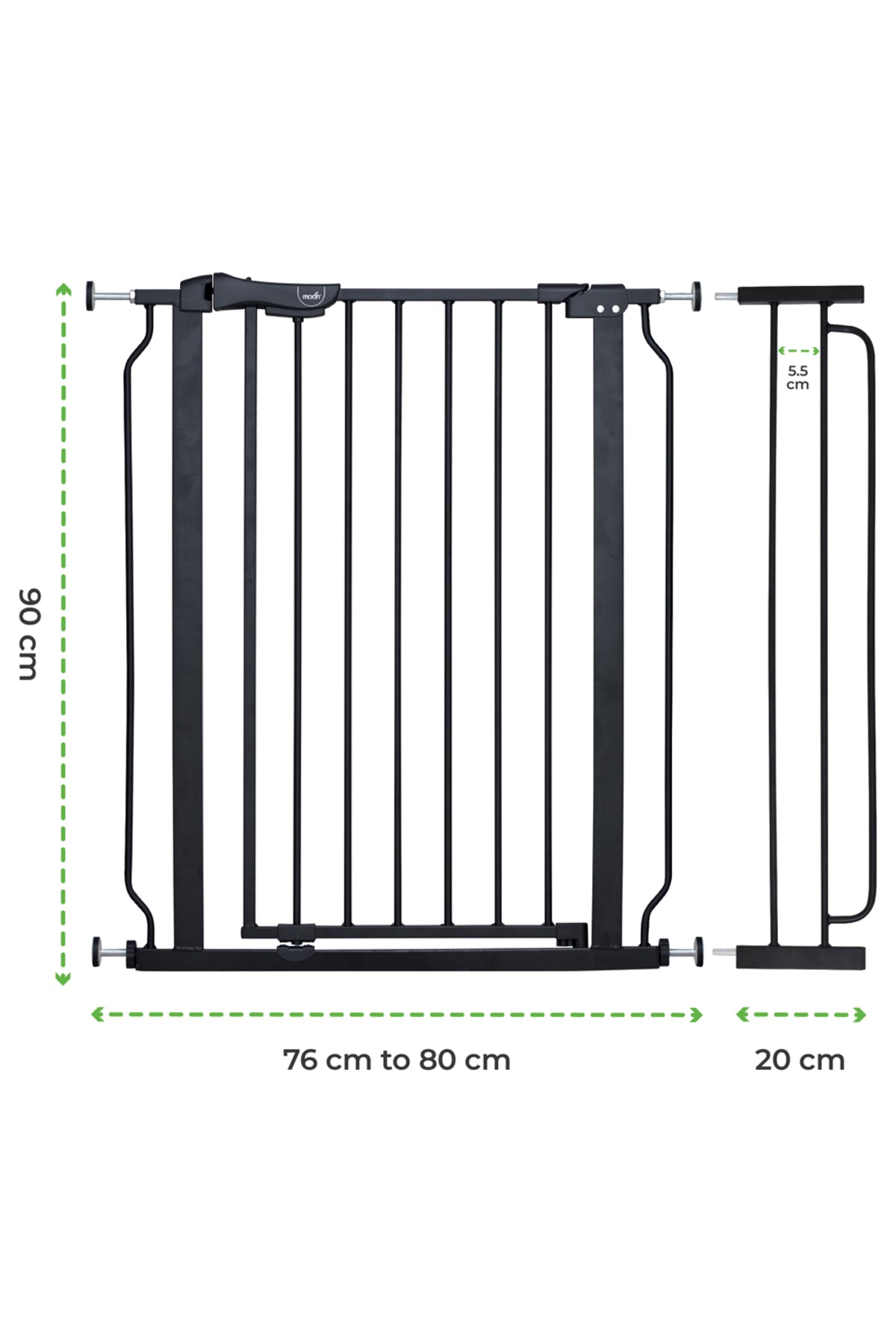MOON Secura Baby Safety gate 76-80cm-Auto lock barrier with 20cm extension – Black