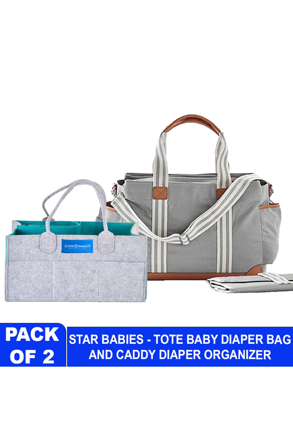 Star Babies - Waterproof Tote Baby Diaper Bags With Caddy Diaper Bag - Grey/Green - Pack Of 2
