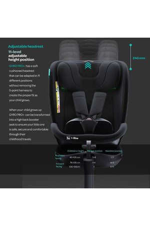 MOON Gyro Pro+ i-Size 360° Rotating Car Seat w/ leg Support and ISOFIX for 40-150cm (Group 0+-1-2-3) 0m to 12Yr- ECE R129/E4 – Black