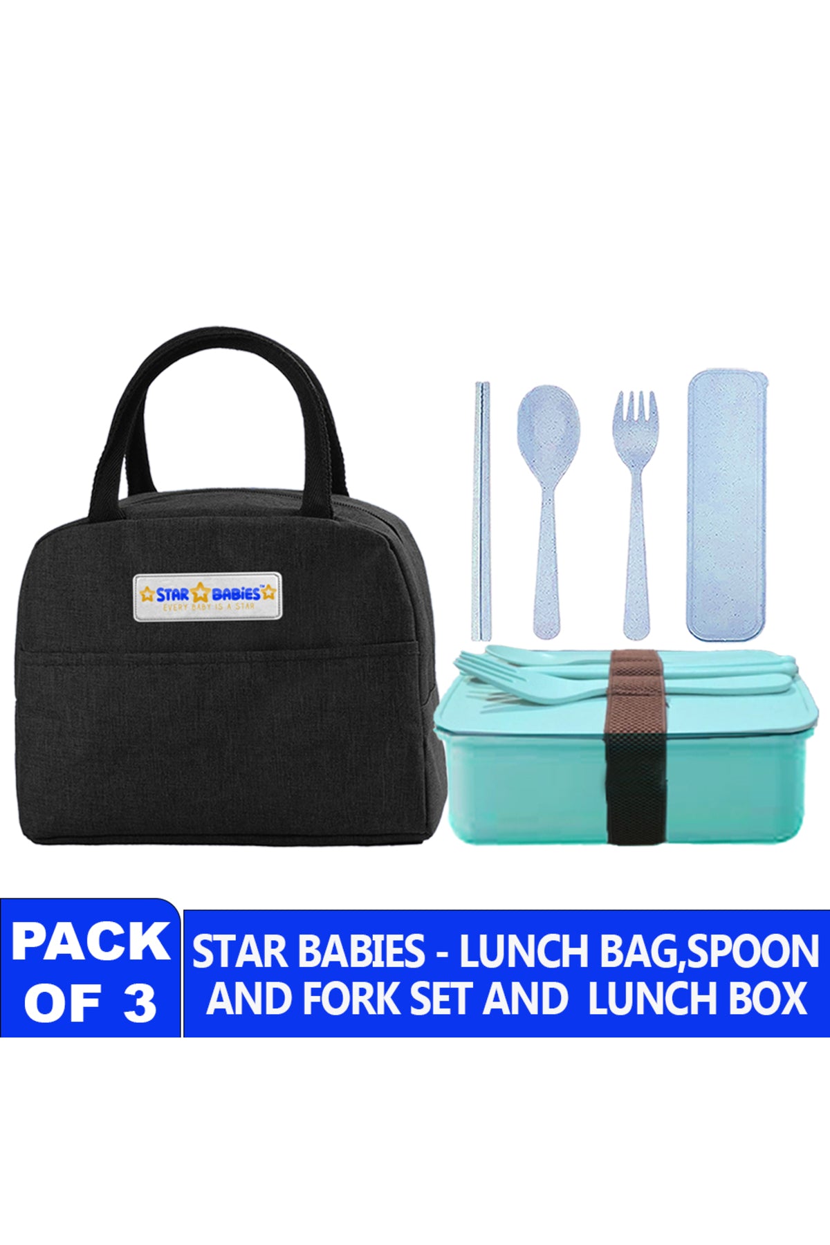 Star babies pack of 3 combo -  Insulated lunch bag with single compartment lunch box and organic cuttlery set.