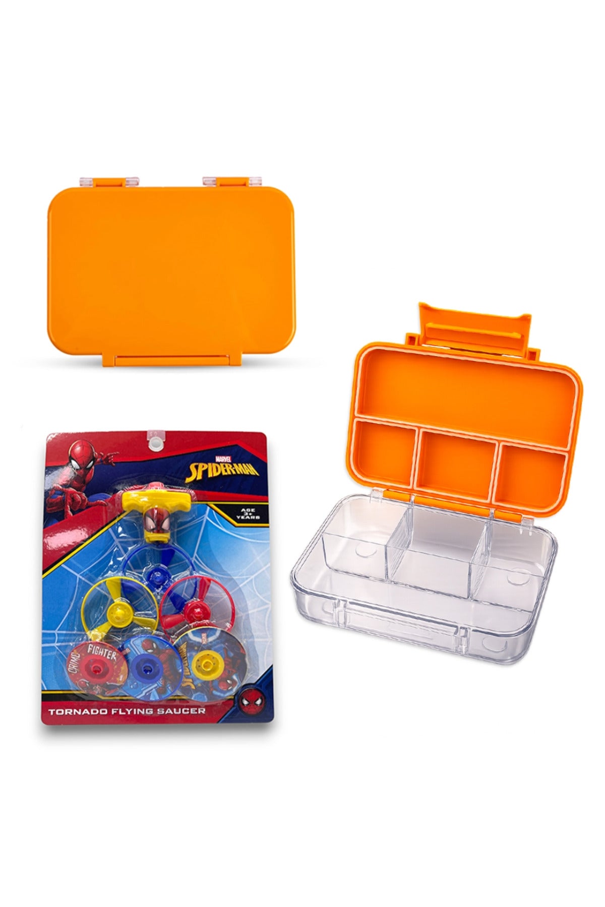 Cocobee Tritan Bento Lunch Box – 4 Compartments, Leakproof, BPA-Free, 585ml – Orange (3 Years+) + Marvel Spider-Man Tornado Flying Saucer Toy