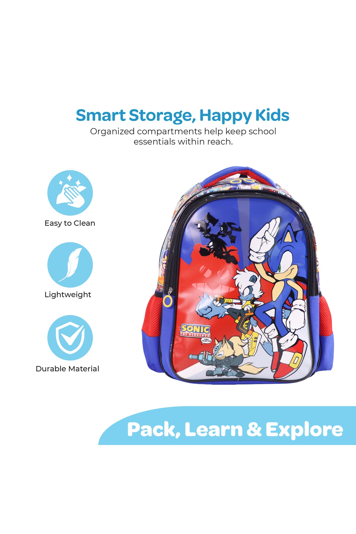 MOON Licensed SONIC THE HEDGEHOG 3 in 1 kids Backpack Set -- (16-Inch) Premium Kids School Bag with Lunch Bag & Pencil Case- Red&Blue