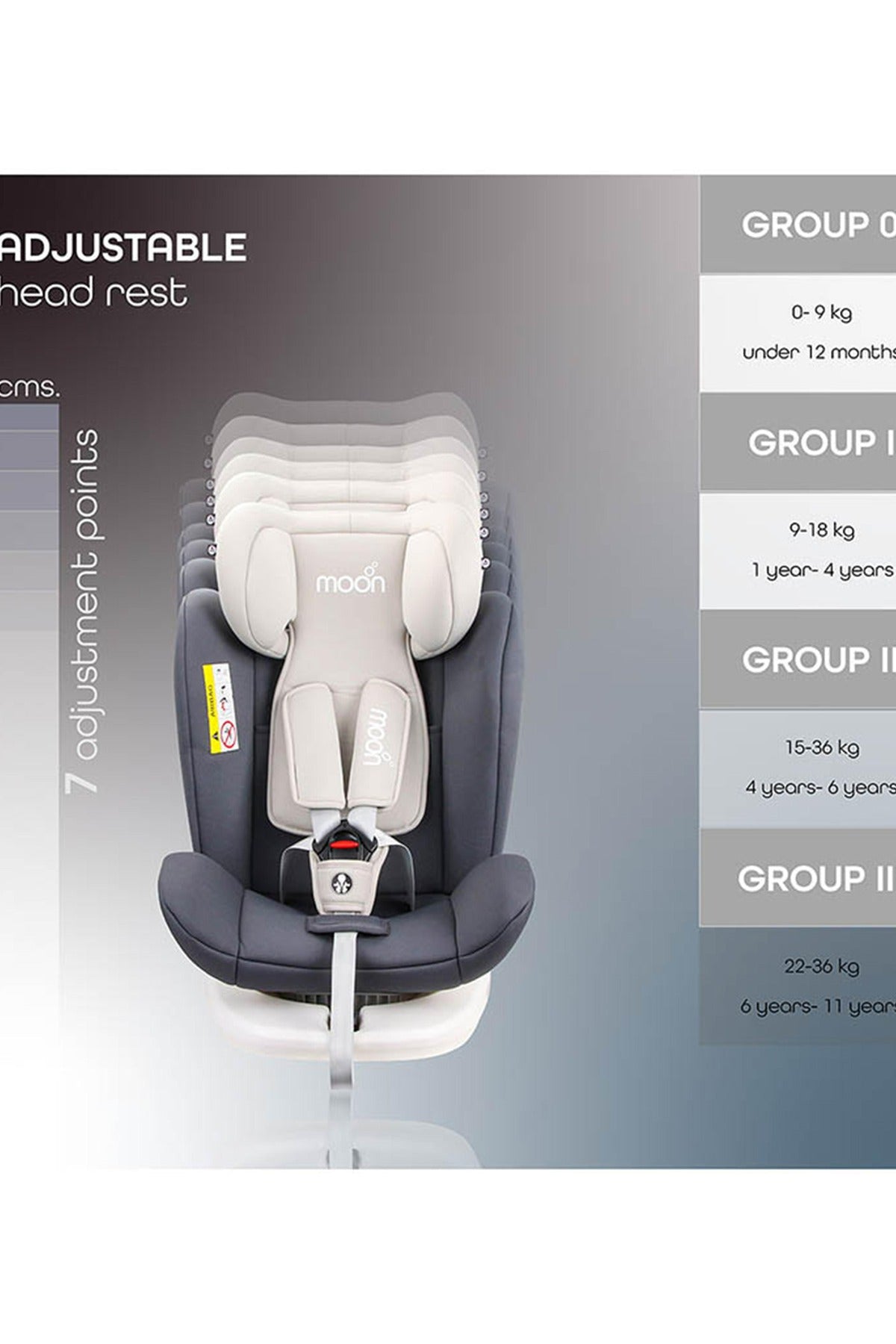 MOON GYRO Baby Car Seat for Child Group 0+/1/2/3 (0-36 kg/0-12 Year) ISOFIX+ Top Tether Rotation 360° Grey
