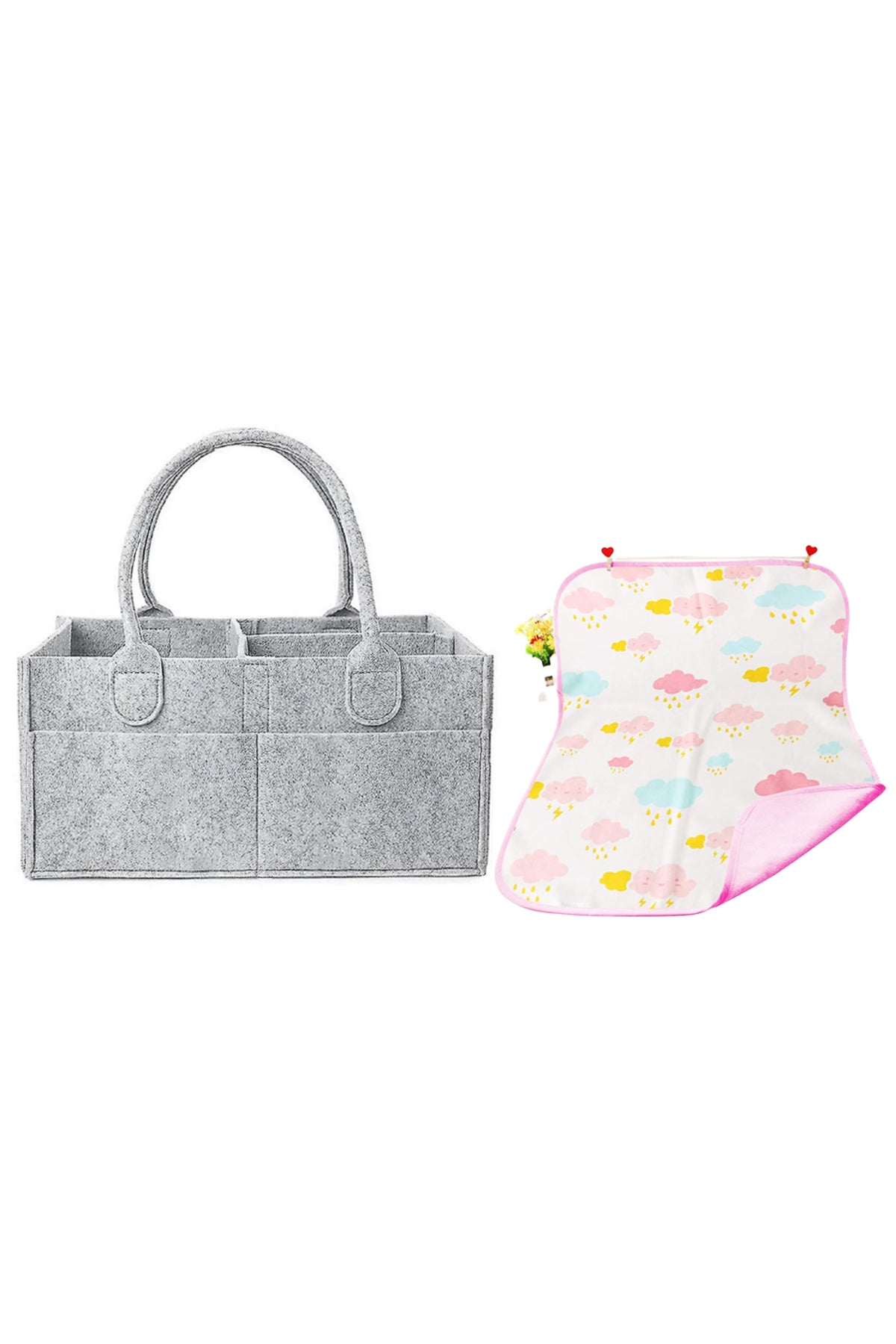 Star Babies - Reusable Printed Changing Mat & Diaper Caddy Organizer Set - Grey/Pink - 2 Pcs