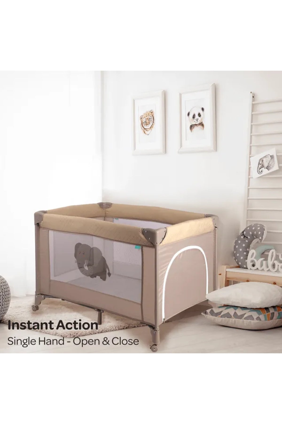 MOON Kidora Easy-Fold Playpen with Wheels, Storage & Edge Protection-Beige