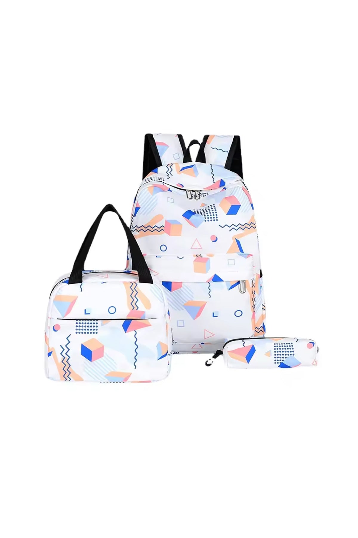 Star Babies - Preppy Style Rainbow Color School Backpack With Lunch Box Bag & Pencil Case - 3pcs Set - White