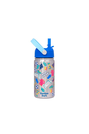 Bamboo Bark Insulated Water Bottle for Kids, 400ml Stainless Steel with Straw Lid, BPA Free Leak Proof School Water Bottle for Boys & Daily Use (FOOTBALL Print)