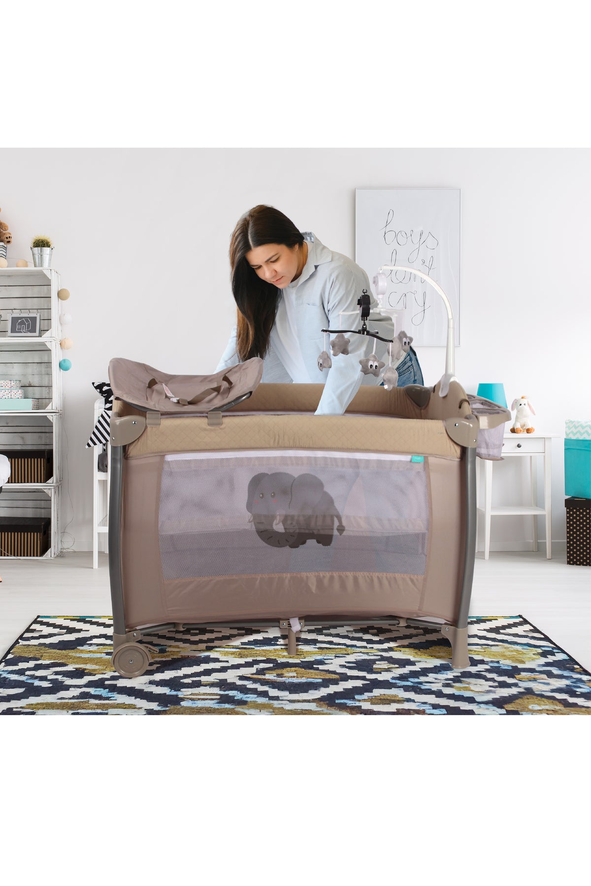 MOON Joypod Playpen with Removable Diaper Changer , Musical Toy & Lockable Wheels-Beige