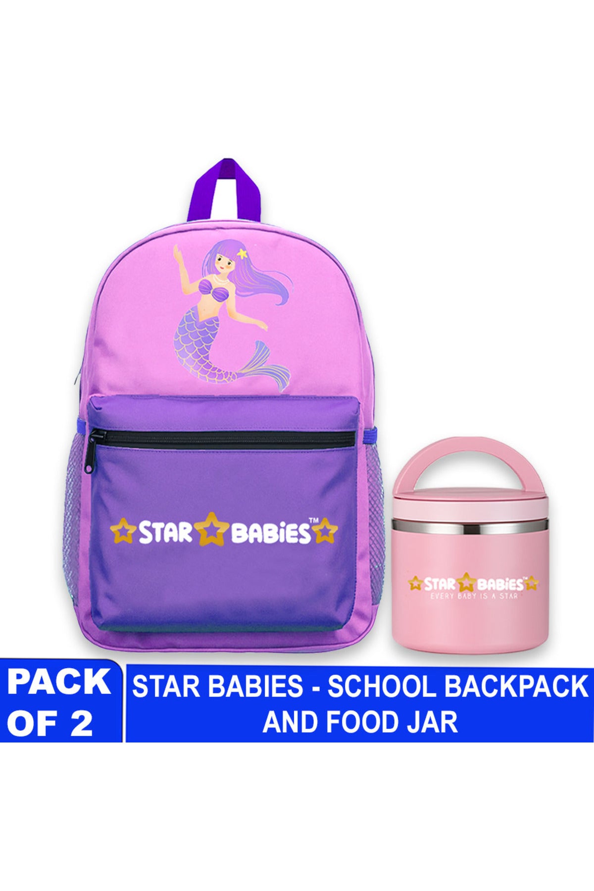 Star Babies Little Mermaid theme Black 16-Inch Children's Backpack for boys Adjustable Shoulder Strap- Lavender With food jar. Pink 500ml