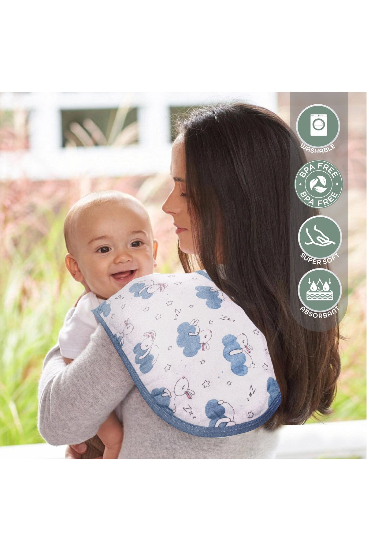 MOON Organic Burpy Cloth. (8 Layer)-.Bunny, Elephant & Blue