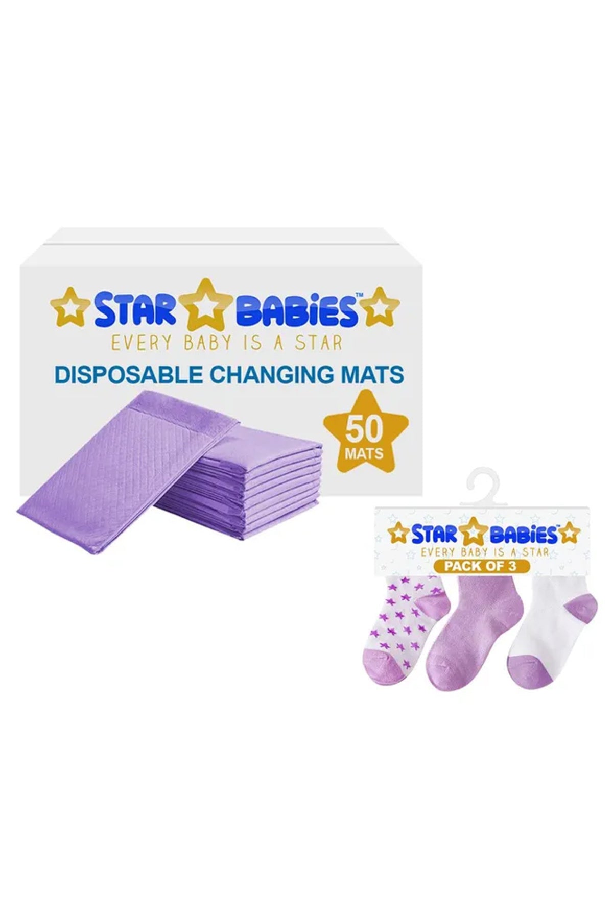 Star Babies - Disposable Changing Mats Lavender 50pcs with 3pairs Socks