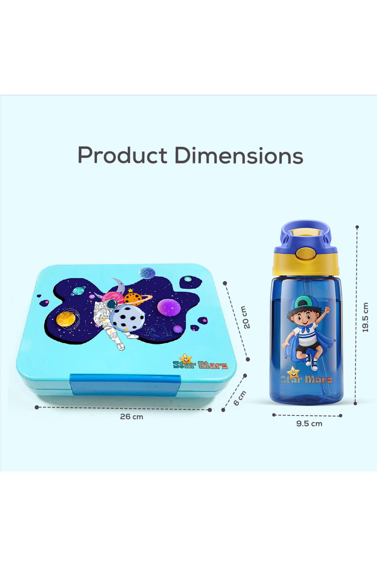 StarMarz - Blue Space Bento Glitter Lunch Box with Plastic Water Bottle Super Boy (480ml) - Blue