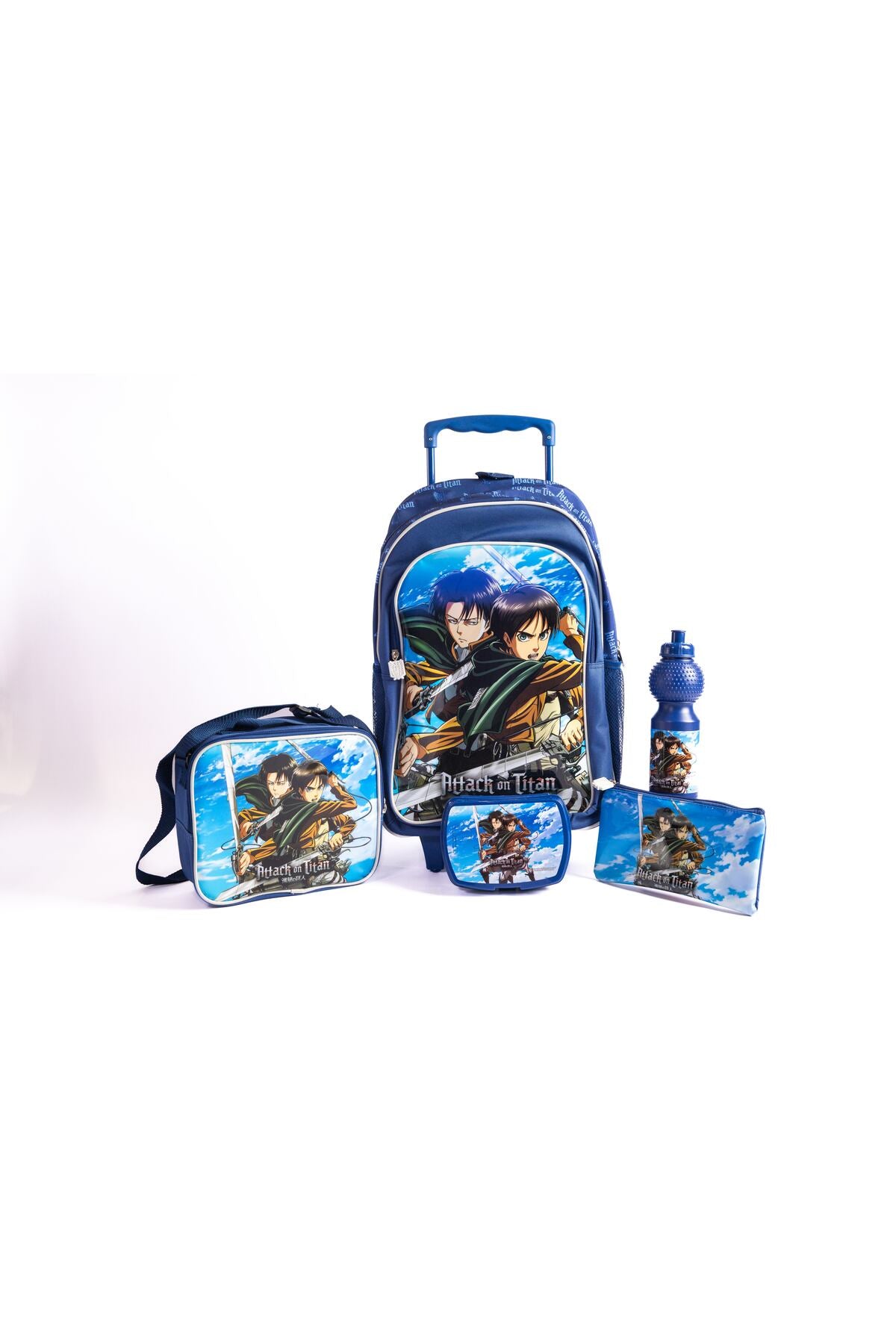 Attack On Titan 18" Trolley Bag Set With Lunch Bag, Pencil Case, Water Bottle & Lunch Box – Blue