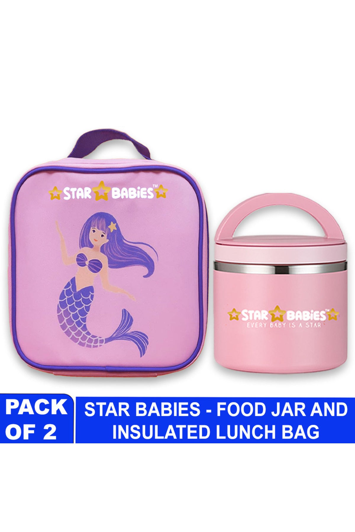 Star Babies Little Mermaid Themed Bento Lunch Bag , Toddler-Friendly, 3 Years+, Easy to clean- Lavender with food jar -Pink 500ml