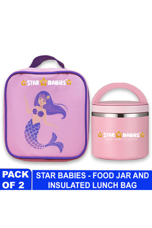 Star Babies Little Mermaid Themed Bento Lunch Bag , Toddler-Friendly, 3 Years+, Easy to clean- Lavender with food jar -Pink 500ml