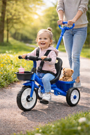 StarMarz Kids Tricycle with Push Handle | Toddler Ride-On Bike with Safety Seat, Backrest & Storage Basket | Baby Trike for Boys & Girls (1–4 Years) - Blue