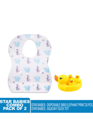 Star Babies - Combo Pack Of 2- Disposable Bibs Elephant Print (20 Pcs) With Rubber Duck