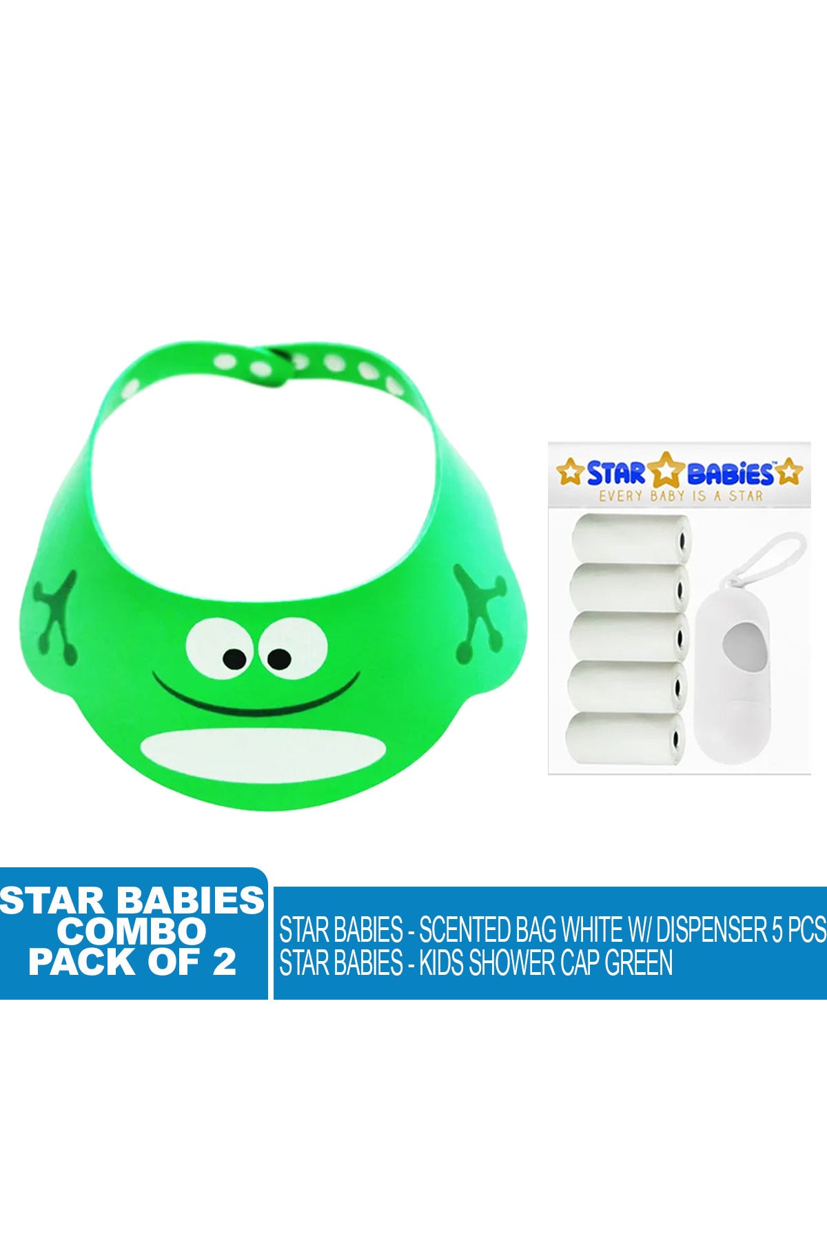 Star Babies - Combo Pack Of 2- Kids Shower Cap With Scented Bag (5 Pcs W/Dispenser) - Green/White