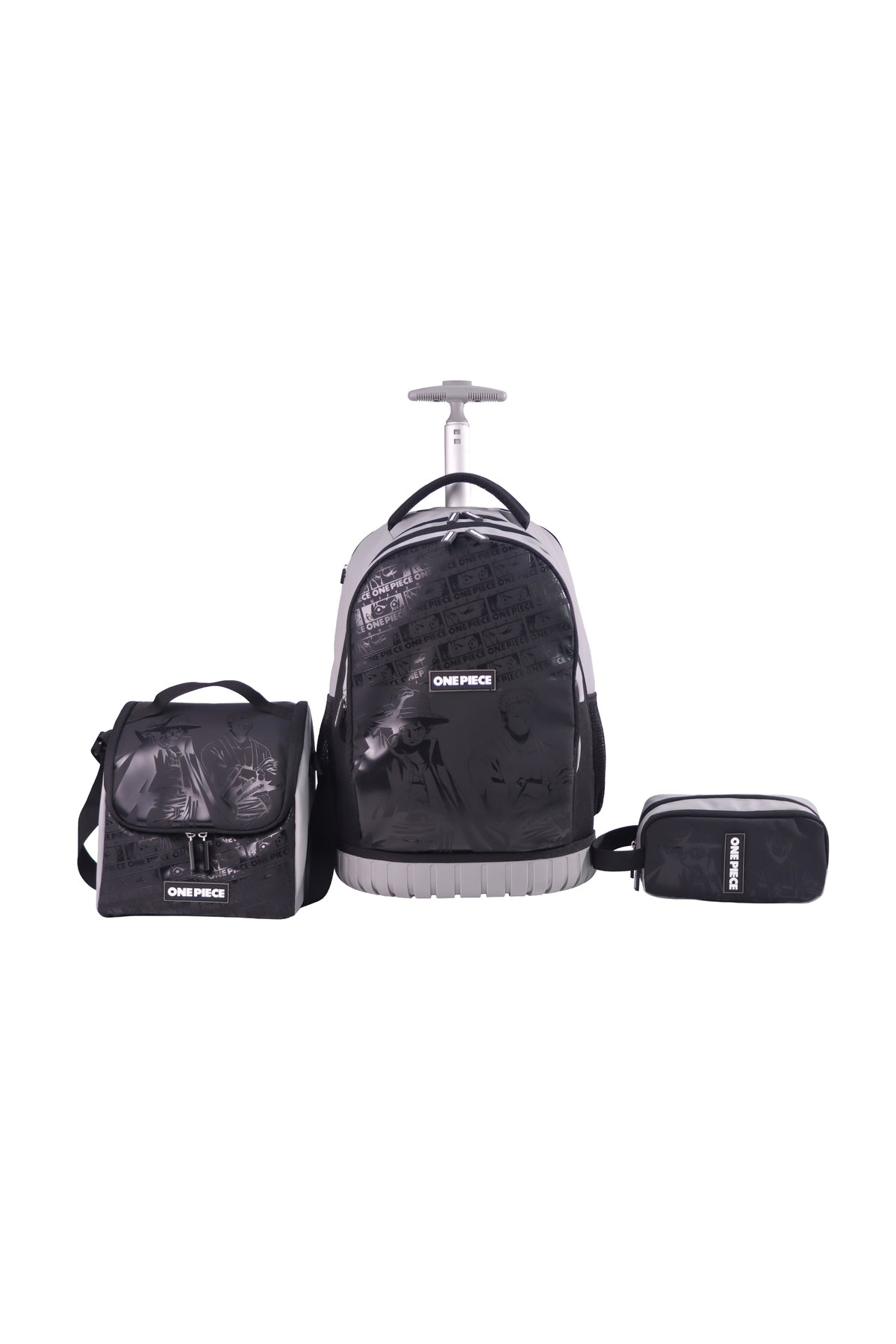 MOON Licensed One Piece 3 in 1 Kids Trolley Set   - (18-Inch) Premium Kids School Bag with Lunch Bag & Pencil Case-Black& Grey