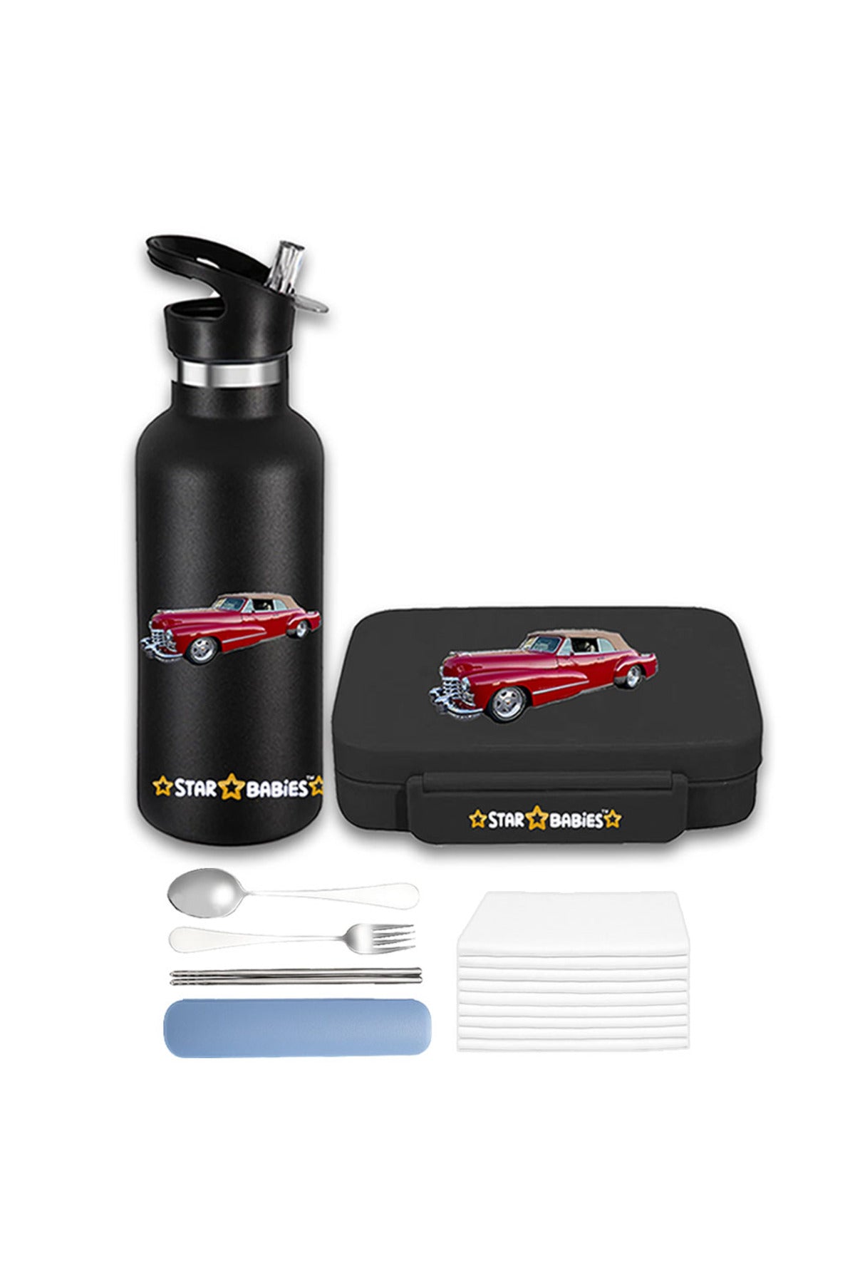 Star Babies - Star Babies Retro Car Bento Lunch Box with 4 Compartments, BPA Free, Leak-Proof with Anti Spil Stainless Steel 500ml Water Bottles, Vacuum Insulated Double Wall Travel Bottle with Leak-Proof Straw Lid
