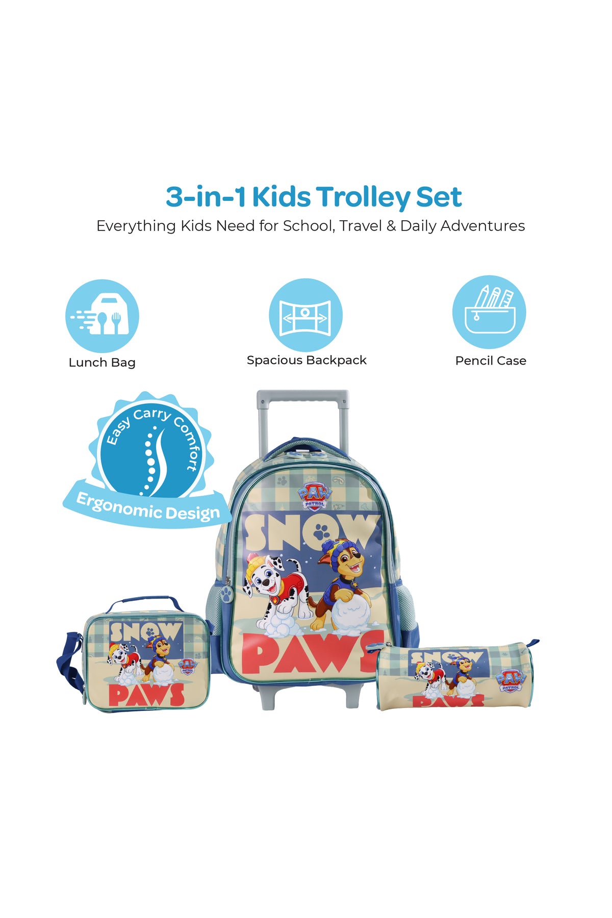 MOON Licensed Paw Patrol Snow Paw  3 in 1 Kids Trolley Set   - (16-Inch) Premium Kids School Bag with Lunch Bag & Pencil Case-Green