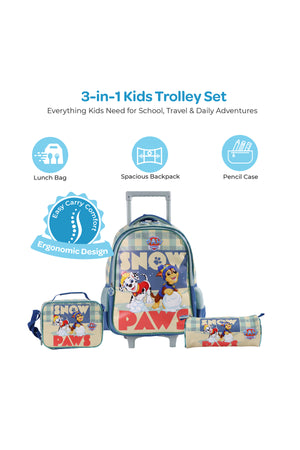 MOON Licensed Paw Patrol Snow Paw  3 in 1 Kids Trolley Set   - (16-Inch) Premium Kids School Bag with Lunch Bag & Pencil Case-Green
