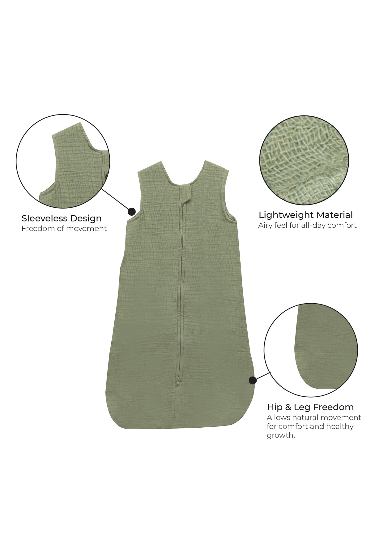 MOON Organic Crinkle Muslin Sleep sack  1 Tog (0-6 Months )-Green