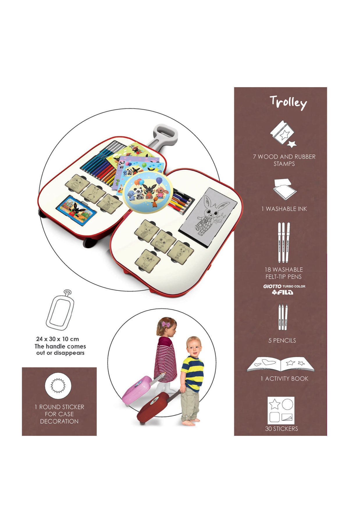 Multiprint Kuromi Trolley – Plastic Trolley with Extensible Handle, 7 Stamps, Ink Pad, 18 Washable Felt Pens, Activity Book, Colored Pencils & Stickers – 100% Made in Italy