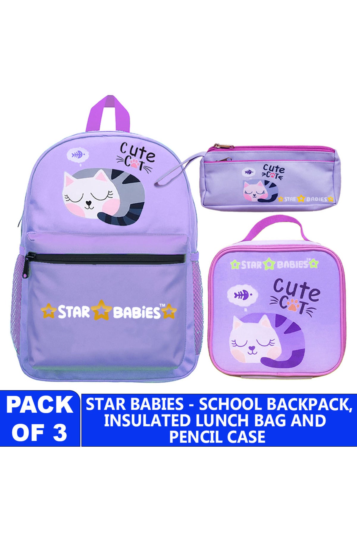 Star Babies 16-Inch Cute Cat Themed Children's Backpack with Adjustable Shoulder Strap for Hiking Large with Bento Lunch Bag and Dual Zipper Pencil Case Pack of 3