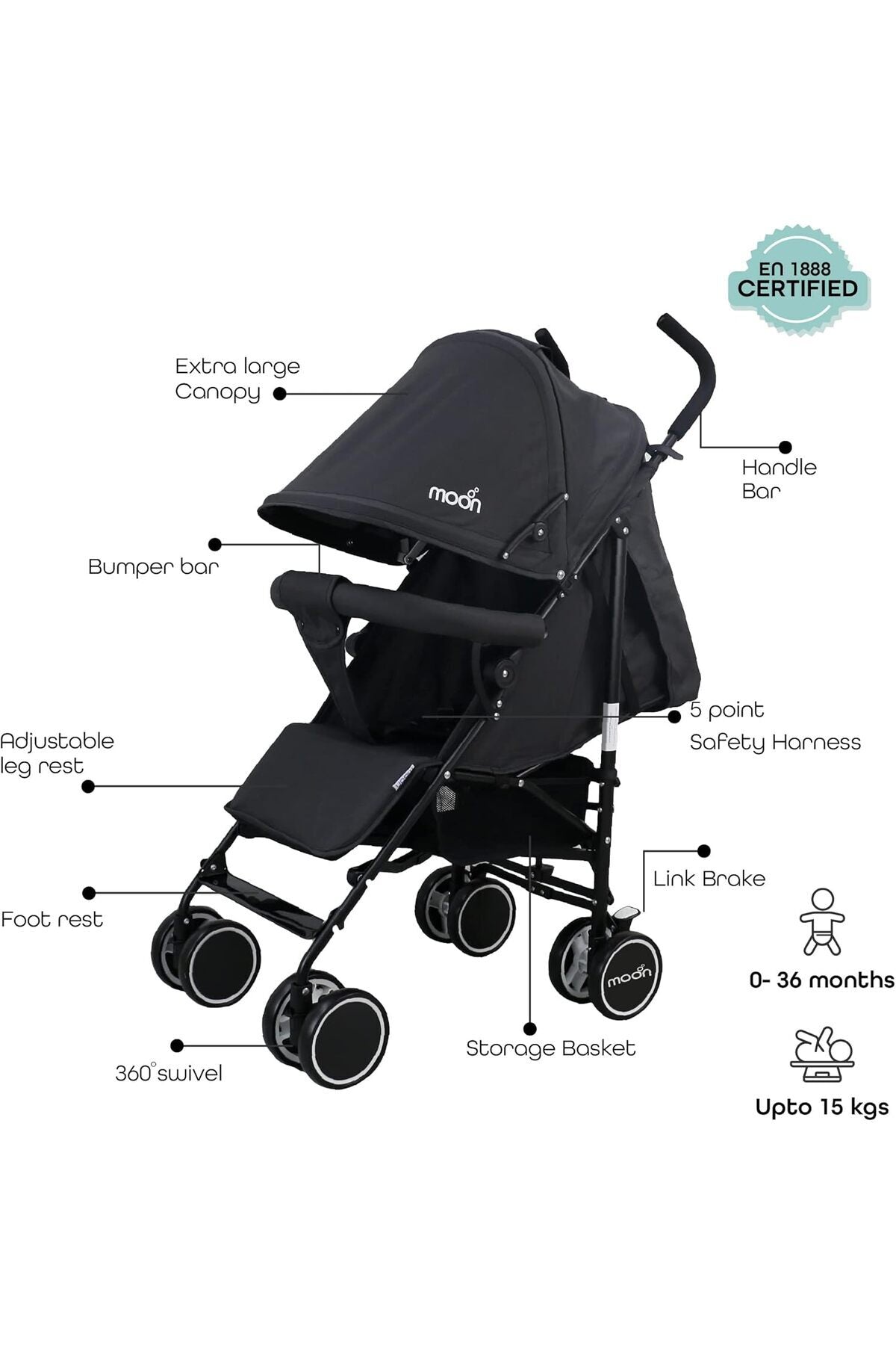 MOON Neo Plus Light Weight Travel Stroller,Black