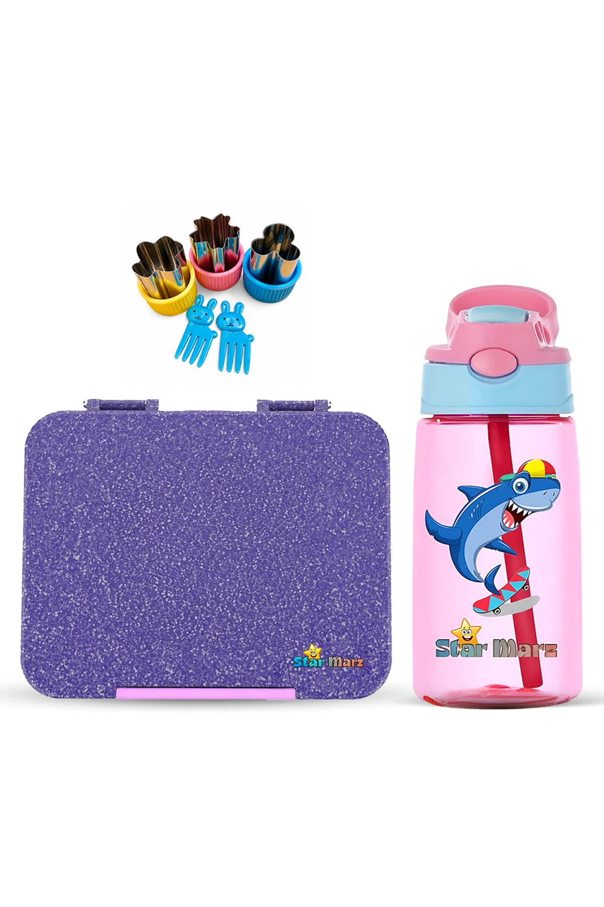 StarMarz - Unicorn Purple Bento Glitter Lunch Box with Plastic Water Bottle Shark (480ml) - Purple