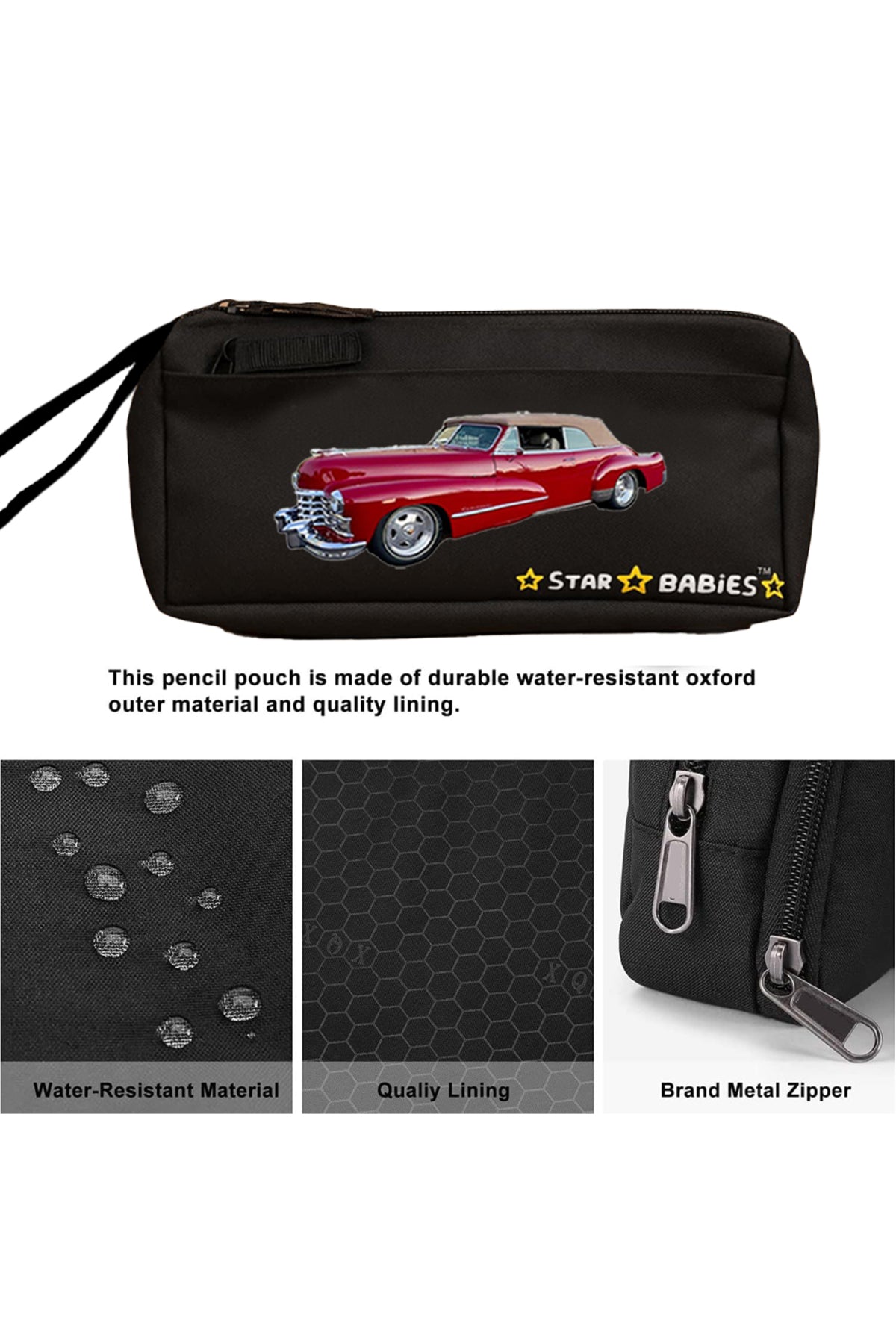 Star Babies Retro Car themed Pencil Case, 3 to 6 Years, Water resistant - Black