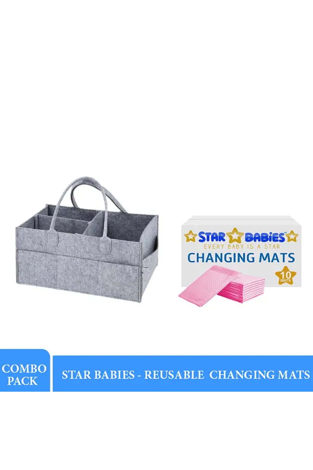 Star Babies - Caddy Diaper Bag w/ Disposable Changing Mat - 10pcs - Grey/Pink
