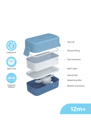 MOON Fiesta Kids Two-Tier Bento Lunch Box – BPA-Free, Leakproof, Stackable with Spoon & Seasoning Box – Blue