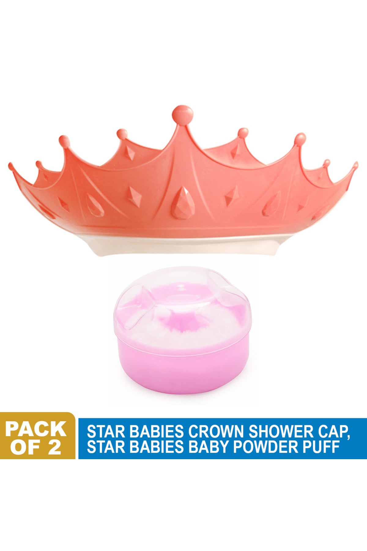 Star Babies - Adjustable Crown Kids Shower Cap With Kids Powder Puff - Pack of 2 - Pink