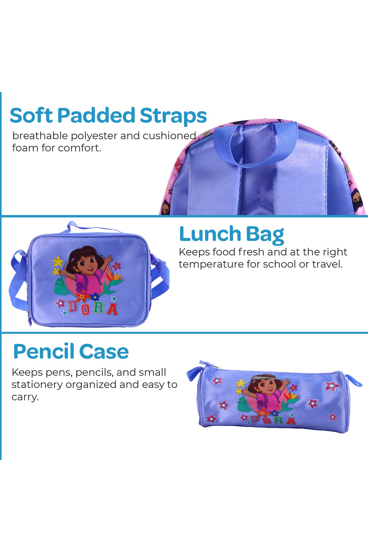 MOON Licensed Dora the Explorer 3-in-1 Kids Backpack Set  - (13-Inch) Premium Kids School Bag with Lunch Bag & Pencil Case-Pink & Blue