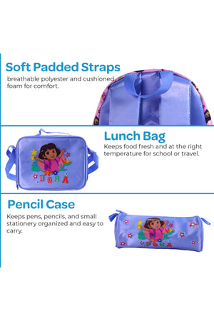 MOON Licensed Dora the Explorer 3-in-1 Kids Backpack Set  - (13-Inch) Premium Kids School Bag with Lunch Bag & Pencil Case-Pink & Blue