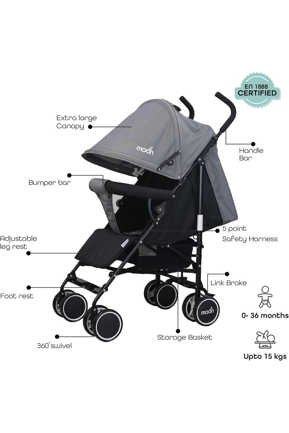 MOON Neo Plus Light Weight Travel Stroller,Black + Grey dots